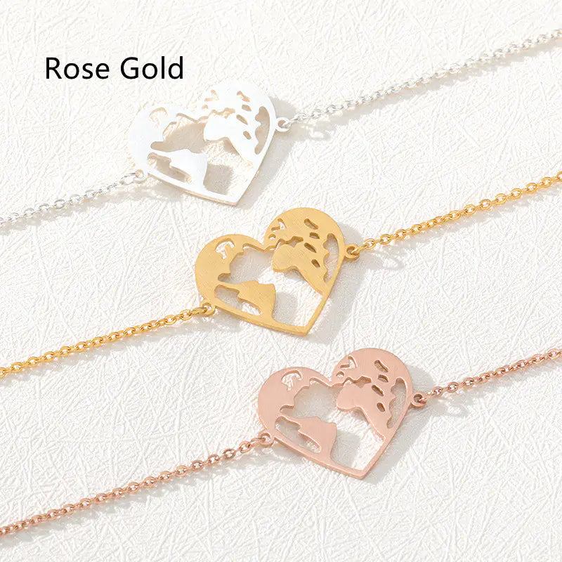 Heart-Shaped Hollow World Map Stainless Steel Bracelet