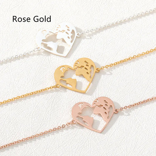 Heart-Shaped Hollow World Map Stainless Steel Bracelet