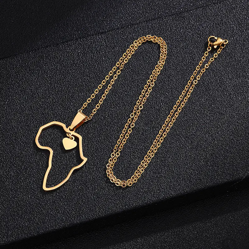 Fashion Hollow Heart Titanium Steel Africa Map Necklace