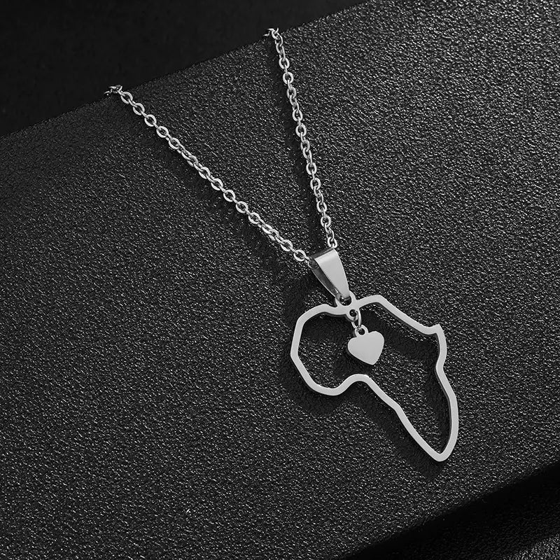 Fashion Hollow Heart Titanium Steel Africa Map Necklace