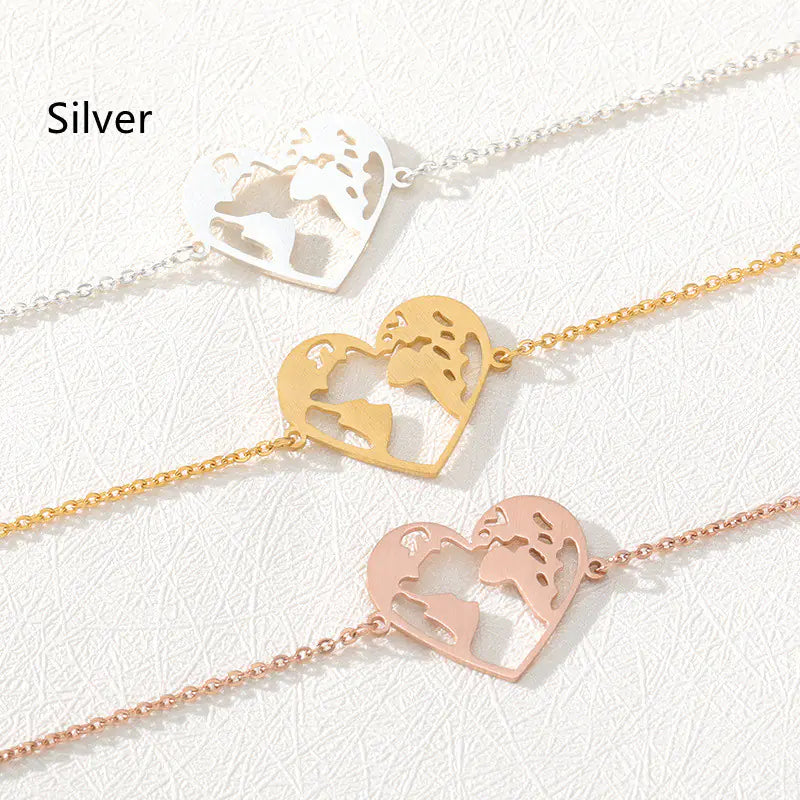 Heart-Shaped Hollow World Map Stainless Steel Bracelet