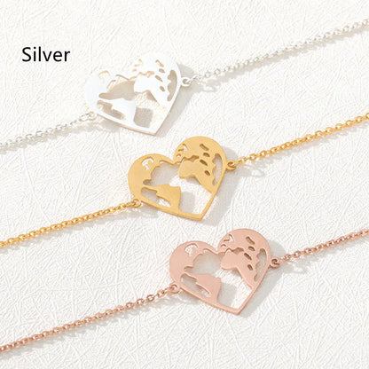 Heart-Shaped Hollow World Map Stainless Steel Bracelet
